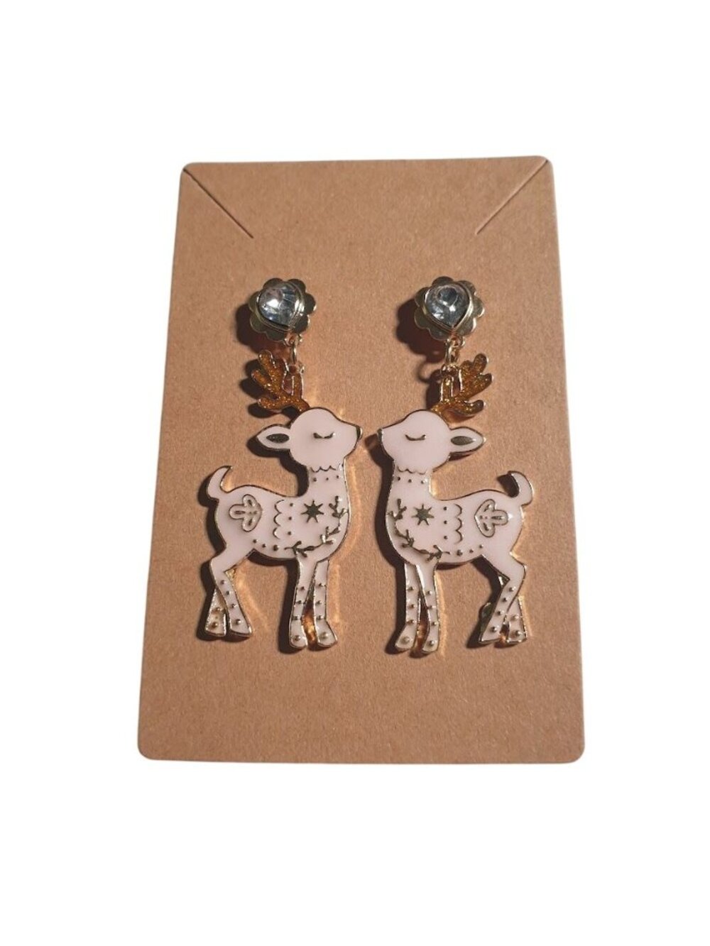 Pink Reindeer Enamel Rhinestone Dangle Earrings Christmas Holiday Jewelry 2.25 I